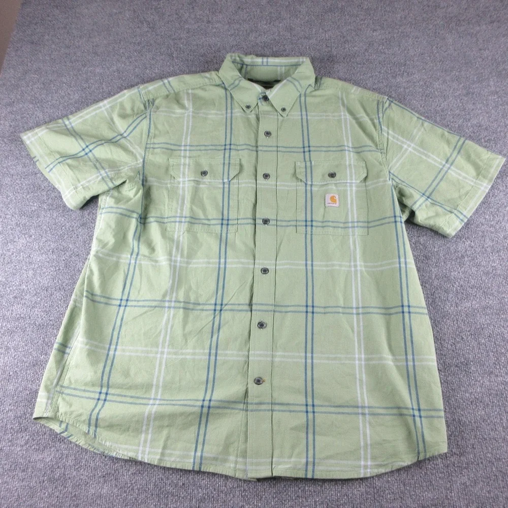 Carhartt Shirt Mens XL Green Plaid Short Sleeve Button Up Loose Fit Workwear